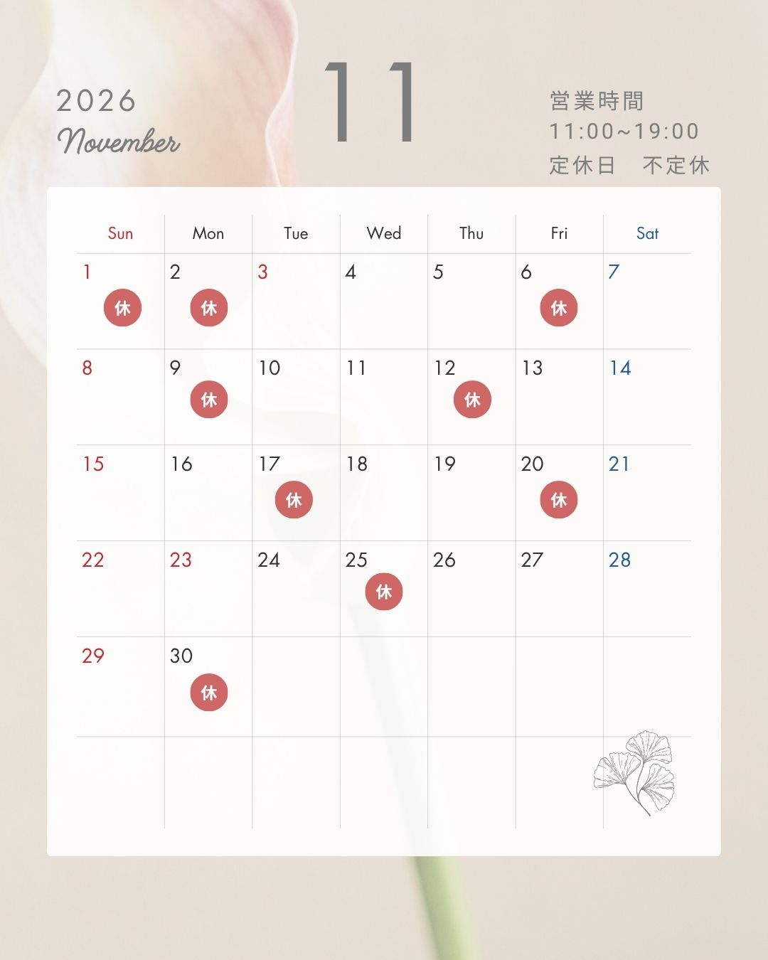 11月の定休日と限定コースのご案内